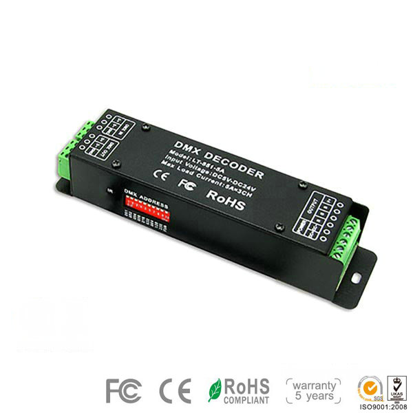 LT-851-5A, 3CH CV DMX Decoder, High-end DMX512 Decoder Control Single Color, Two Color, RGB LED Lights, 5 Warranty LT-851-5A, 3CH CV DMX Decoder, High-end DMX512 Decoder Control Single Color, Two Color, RGB LED Lights, 5 Warranty